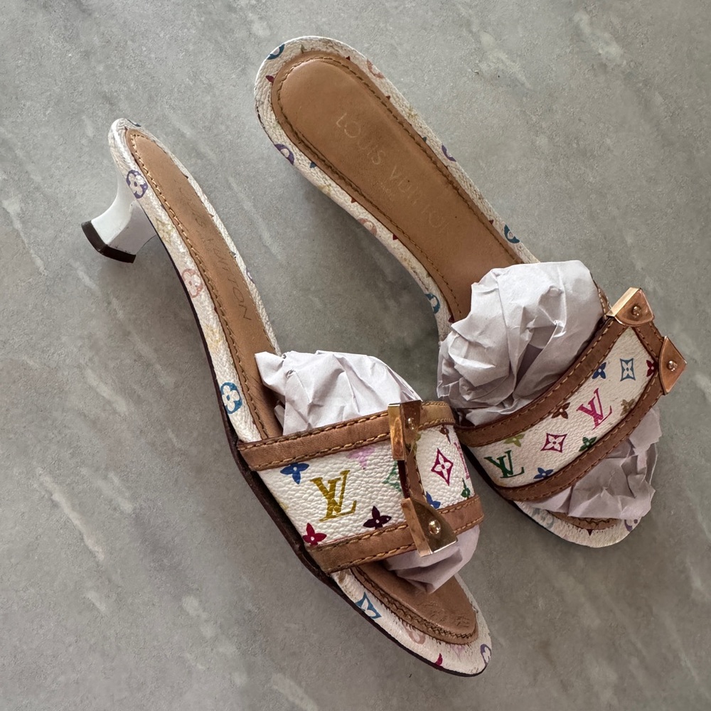 LOUIS VUITTON 00s Multi Color Logo Kitten Heel Mules